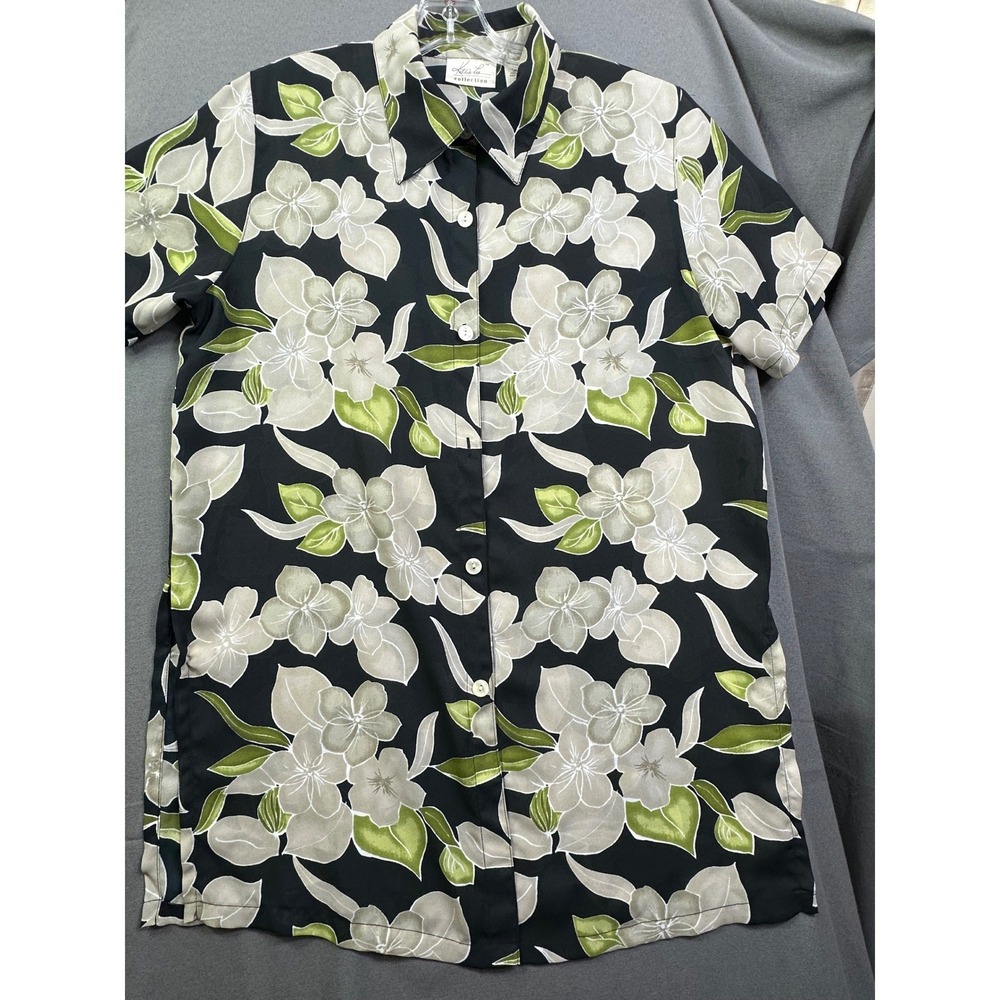 Kathie Lee Collection Women's Large Black Green Floral Button Front Blouse KLGGC